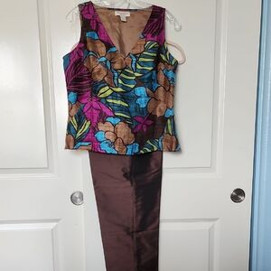 Valerie Stevens Silk Floral Top and Rich Brown Pants Set